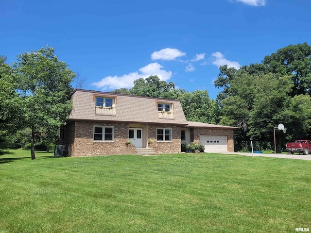 11968 E Goshen Meadows Rd, Mount Vernon, IL 62864 - view of front of home featuring roof with shingles, brick siding, mansard roof, a garage, and a front yard