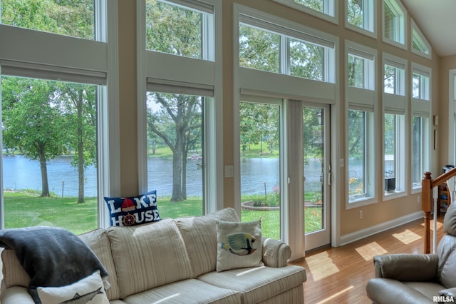 1382 Nicklaus Ln, Marion, IL 62959 - sunroom with a water view, a towering ceiling, and wood finished floors