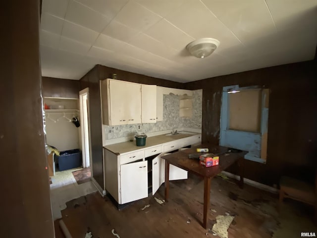333 S Hickory St, Centralia, IL 62801 - kitchen featuring white cabinetry, light countertops, dark wood-style flooring, and backsplash