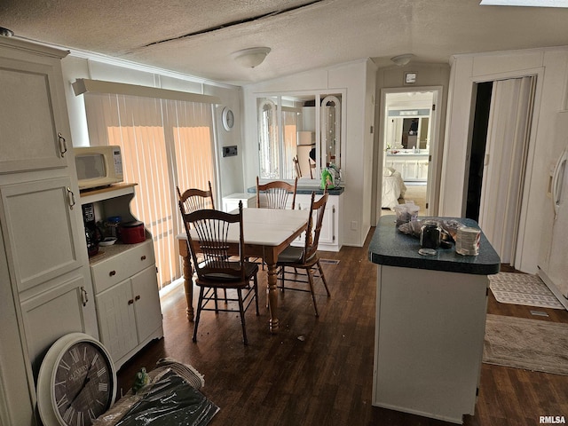 120 E 1st St, Bonnie, IL 62816 - dining area featuring dark wood-type flooring, a textured ceiling, and lofted ceiling