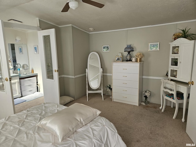 120 E 1st St, Bonnie, IL 62816 - bedroom with carpet flooring, a textured ceiling, crown molding, and ceiling fan