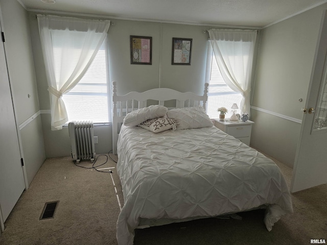 120 E 1st St, Bonnie, IL 62816 - bedroom with radiator heating unit, light colored carpet, multiple windows, and ornamental molding