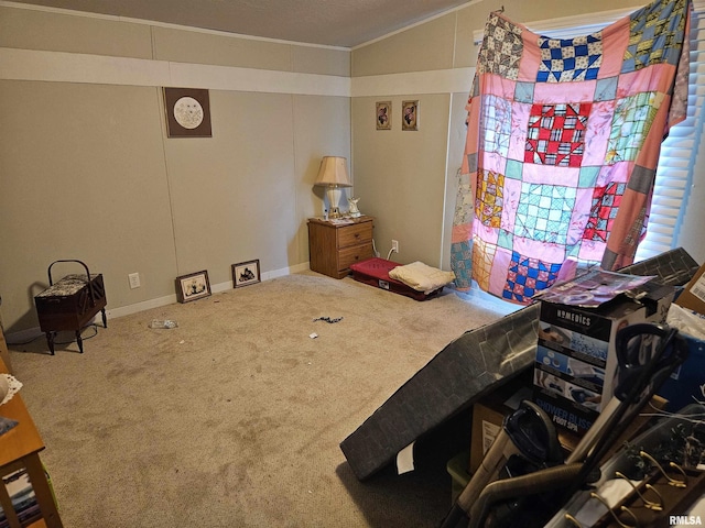 120 E 1st St, Bonnie, IL 62816 - bedroom featuring carpet, vaulted ceiling, and crown molding