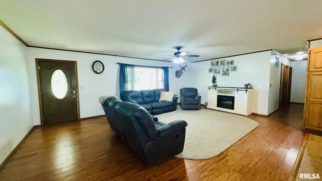 13919 Hamilton Pike Rd, Whittington, IL 62897 - living room featuring crown molding, wood finished floors, ceiling fan, a glass covered fireplace, and a textured ceiling