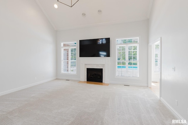 1506 Gleneagle Dr, Marion, IL 62959 - unfurnished living room with ornamental molding, carpet, a fireplace, and lofted ceiling