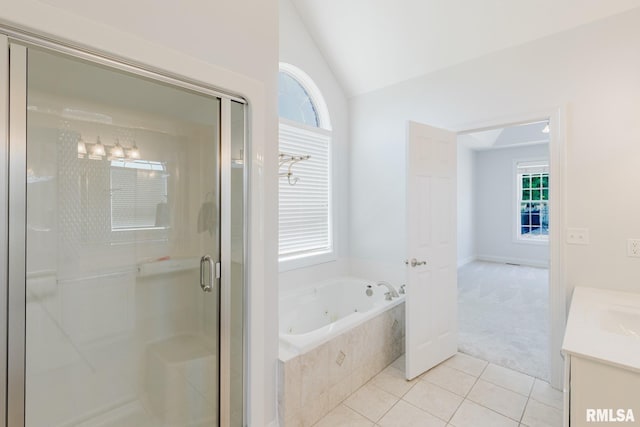 1506 Gleneagle Dr, Marion, IL 62959 - bathroom with tile patterned floors, a stall shower, vanity, lofted ceiling, and a tub with jets
