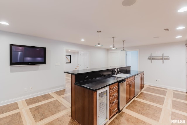 1506 Gleneagle Dr, Marion, IL 62959 - kitchen with dark countertops, wine cooler, recessed lighting, dishwasher, and inlaid floor details