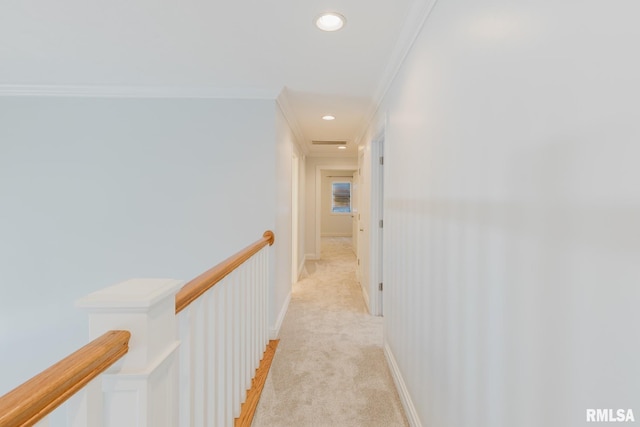 1506 Gleneagle Dr, Marion, IL 62959 - hallway featuring ornamental molding, light carpet, recessed lighting, and an upstairs landing