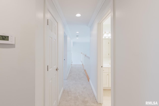 1506 Gleneagle Dr, Marion, IL 62959 - hallway with light carpet, ornamental molding, and recessed lighting