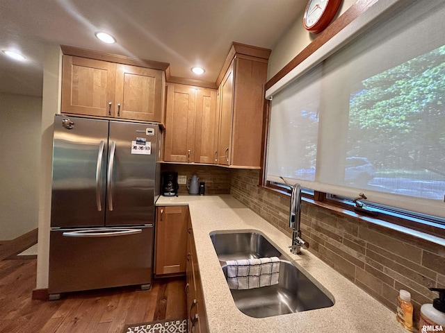 304 May Apple Ln, Carbondale, IL 62903 - kitchen with freestanding refrigerator, backsplash, light countertops, recessed lighting, and dark wood-style floors
