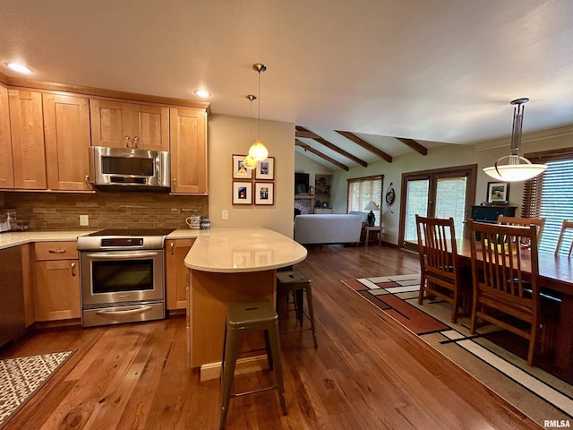 304 May Apple Ln, Carbondale, IL 62903 - kitchen featuring appliances with stainless steel finishes, a peninsula, open floor plan, dark wood finished floors, and recessed lighting