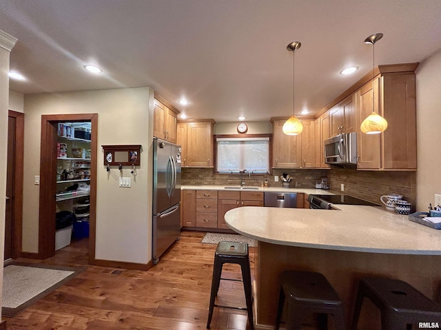304 May Apple Ln, Carbondale, IL 62903 - kitchen with appliances with stainless steel finishes, a peninsula, a kitchen bar, light wood-style flooring, and recessed lighting