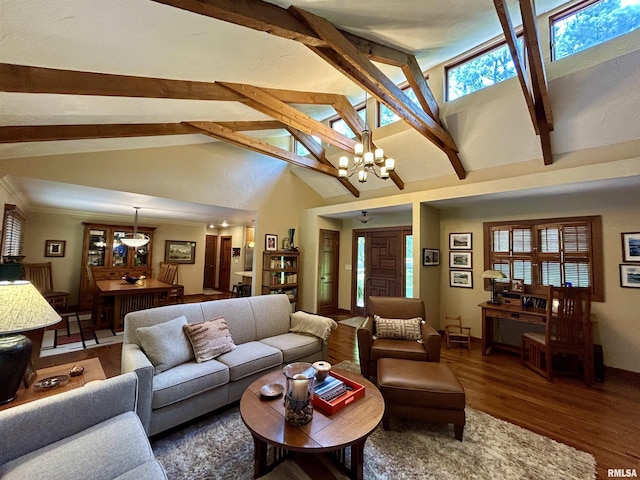 304 May Apple Ln, Carbondale, IL 62903 - living area with wood finished floors, beamed ceiling, high vaulted ceiling, and a chandelier