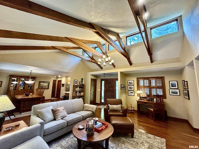304 May Apple Ln, Carbondale, IL 62903 - living area featuring high vaulted ceiling, beamed ceiling, wood finished floors, and a chandelier