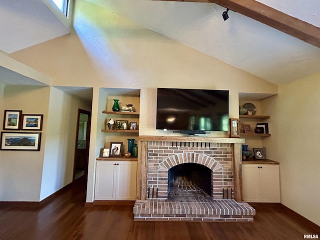 304 May Apple Ln, Carbondale, IL 62903 - living room with wood finished floors, a fireplace, built in shelves, and high vaulted ceiling
