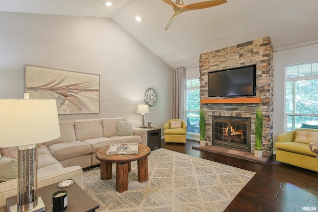 1818 Calico Rd, Marion, IL 62959 - living room with ceiling fan, a fireplace, hardwood / wood-style floors, high vaulted ceiling, and recessed lighting