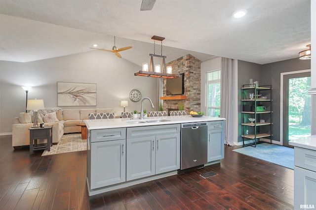 1818 Calico Rd, Marion, IL 62959 - kitchen with dishwasher, light countertops, dark wood finished floors, lofted ceiling, and a textured ceiling