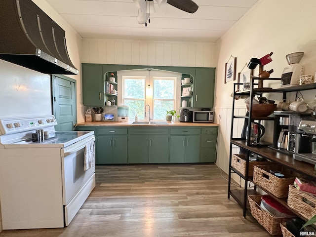 817 W Hendrickson St, Marion, IL 62959 - kitchen with green cabinets, electric stove, open shelves, ventilation hood, and wooden ceiling