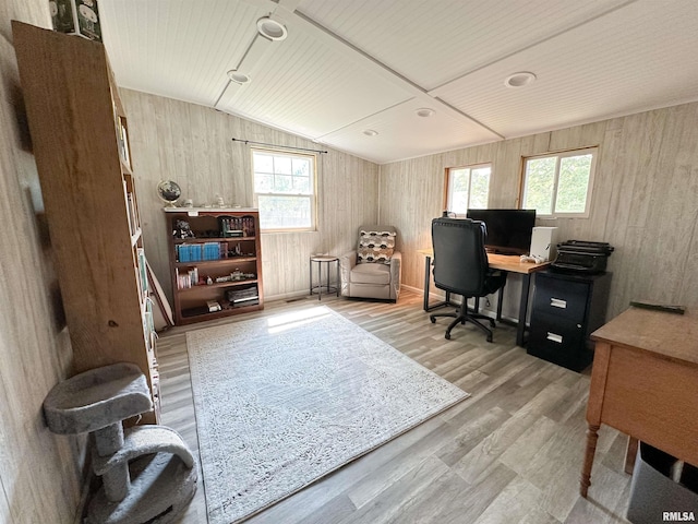 817 W Hendrickson St, Marion, IL 62959 - home office featuring wood finished floors, wooden walls, and vaulted ceiling