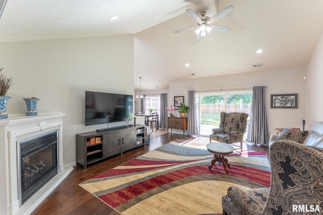 1600 S Eugene Ln, Marion, IL 62959 - living area with wood finished floors, a ceiling fan, a glass covered fireplace, recessed lighting, and high vaulted ceiling