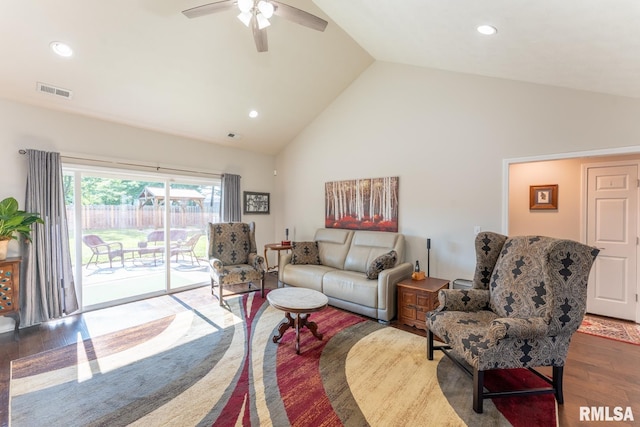 1600 S Eugene Ln, Marion, IL 62959 - living room with wood finished floors, high vaulted ceiling, a ceiling fan, and recessed lighting
