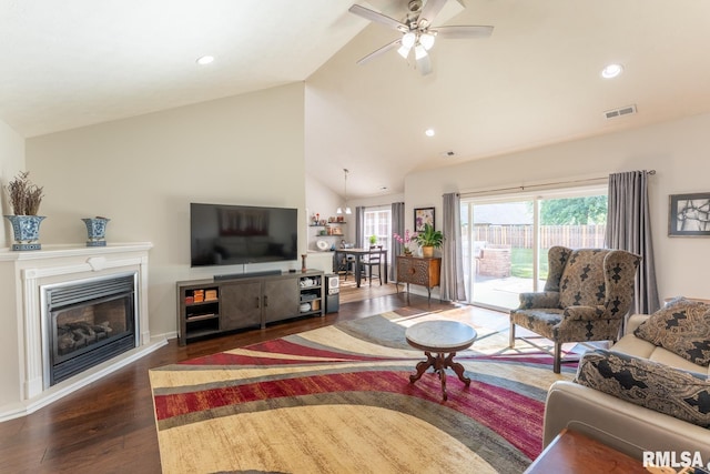 1600 S Eugene Ln, Marion, IL 62959 - living room featuring dark wood-style floors, a ceiling fan, recessed lighting, high vaulted ceiling, and a glass covered fireplace