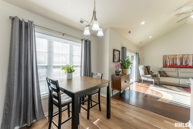 1600 S Eugene Ln, Marion, IL 62959 - dining space with light wood finished floors, vaulted ceiling, a ceiling fan, and recessed lighting