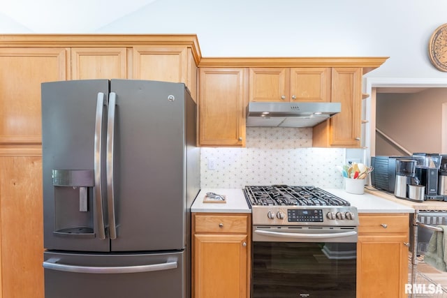 1600 S Eugene Ln, Marion, IL 62959 - kitchen with stainless steel appliances, under cabinet range hood, backsplash, and light countertops
