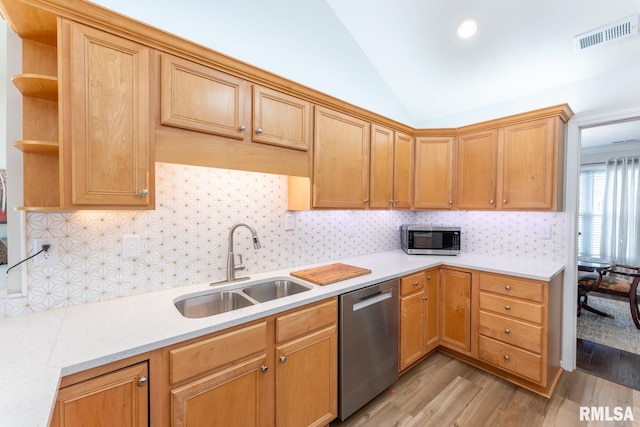 1600 S Eugene Ln, Marion, IL 62959 - kitchen featuring stainless steel appliances, open shelves, light wood-type flooring, light countertops, and decorative backsplash