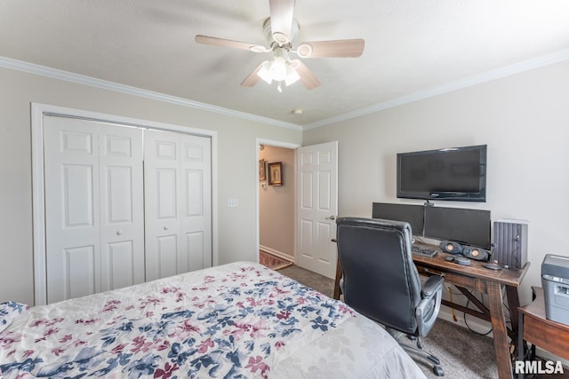 1600 S Eugene Ln, Marion, IL 62959 - bedroom with ornamental molding, carpet, a closet, ceiling fan, and a desk