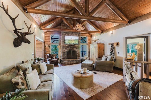 3525 Parrish Ridge Ln, Goreville, IL 62939 - living room with wood ceiling, wood-type flooring, and a fireplace