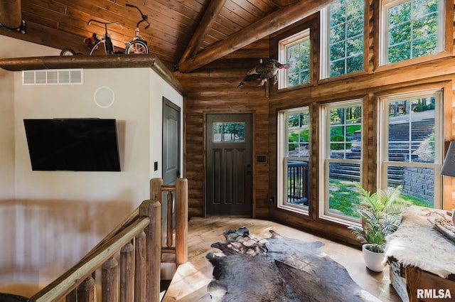 3525 Parrish Ridge Ln, Goreville, IL 62939 - entrance foyer with a wooden ceiling with exposed beams, wood finished floors, plenty of natural light, high vaulted ceiling, and log walls