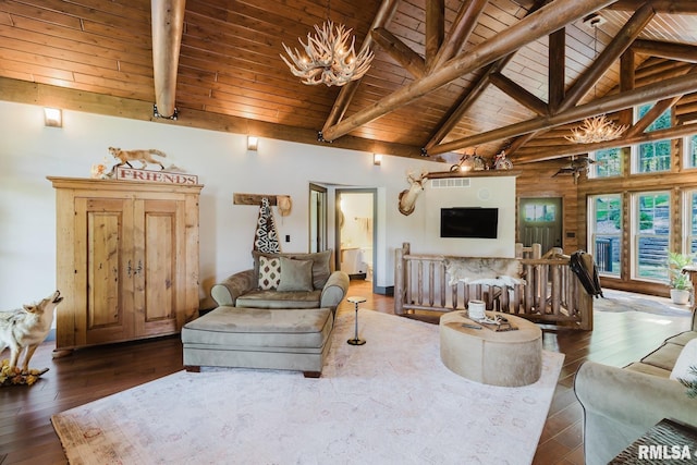 3525 Parrish Ridge Ln, Goreville, IL 62939 - living area featuring a chandelier, a wooden ceiling with exposed beams, hardwood / wood-style floors, and high vaulted ceiling