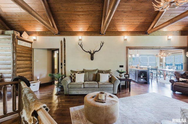 3525 Parrish Ridge Ln, Goreville, IL 62939 - living room featuring hardwood / wood-style floors, a wooden ceiling with exposed beams, and a chandelier