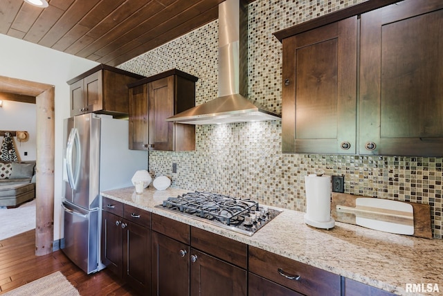 3525 Parrish Ridge Ln, Goreville, IL 62939 - kitchen featuring wall chimney exhaust hood, stainless steel appliances, dark wood-style flooring, dark brown cabinetry, and wood ceiling