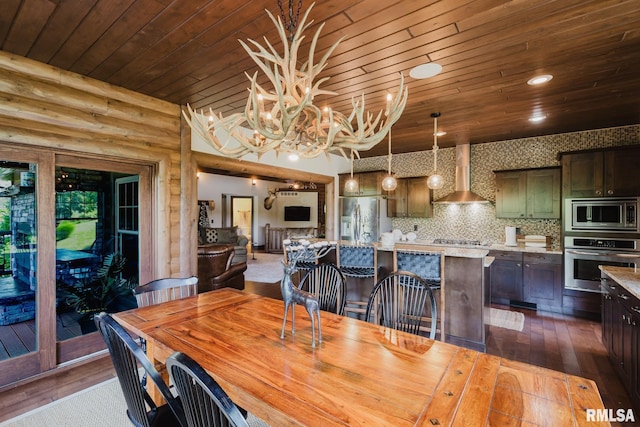 3525 Parrish Ridge Ln, Goreville, IL 62939 - dining room with wood ceiling, dark wood-style flooring, and a chandelier