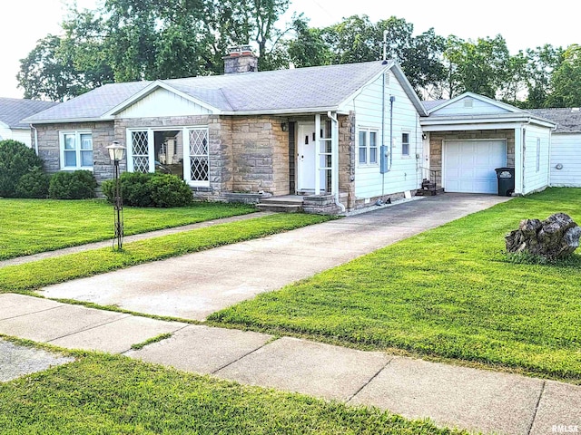 119 S 6th St SE, Clay City, IL 62824 - single story home featuring stone siding, driveway, a chimney, a garage, and a front yard