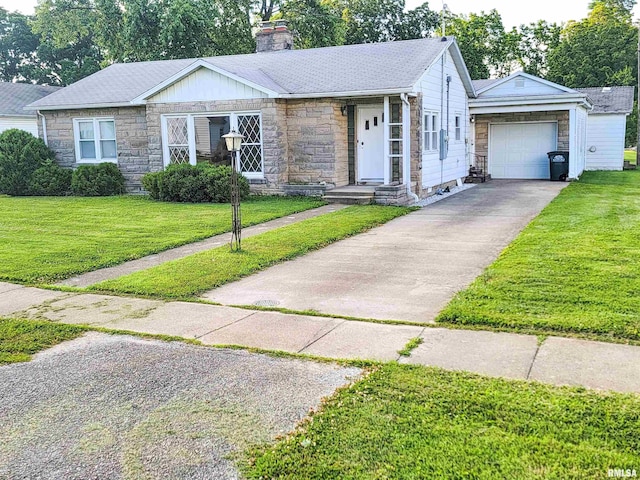 119 S 6th St SE, Clay City, IL 62824 - single story home with stone siding, a chimney, asphalt driveway, and a front lawn