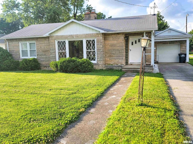 119 S 6th St SE, Clay City, IL 62824 - ranch-style house with stone siding, driveway, and a front lawn