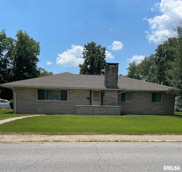 303 S College Blvd, Carmi, IL 62821 - single story home with stone siding, a chimney, a front lawn, and a shingled roof