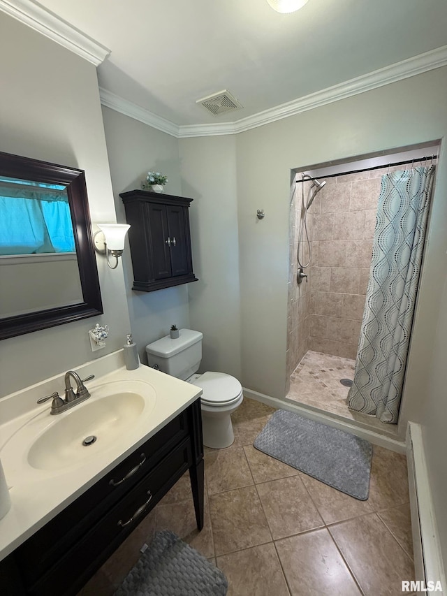 303 S College Blvd, Carmi, IL 62821 - bathroom with crown molding, tiled shower, vanity, tile patterned floors, and baseboard heating