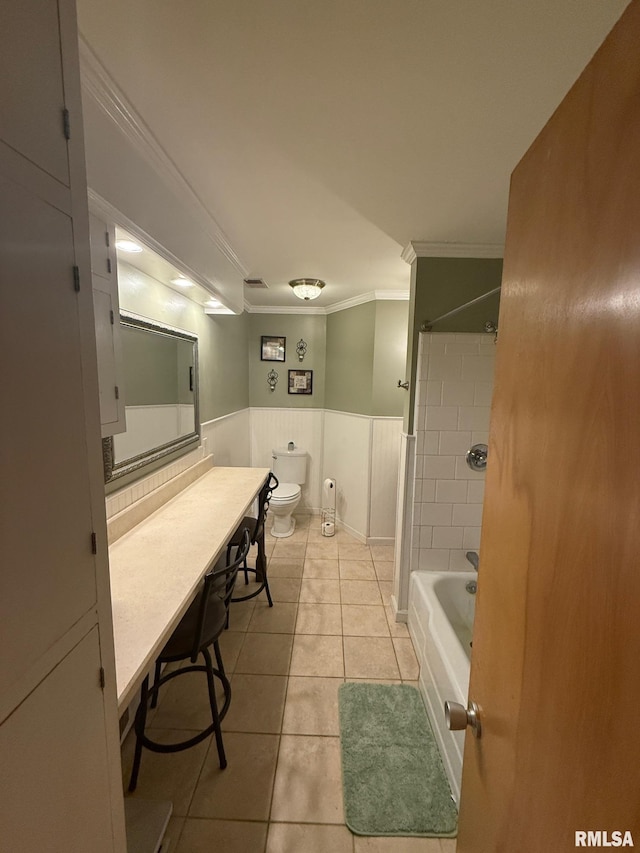 303 S College Blvd, Carmi, IL 62821 - bathroom with ornamental molding, tile patterned flooring, a wainscoted wall, shower / tub combination, and vanity