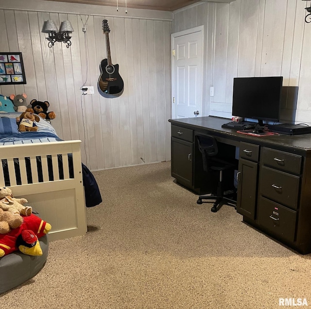 303 S College Blvd, Carmi, IL 62821 - bedroom featuring an office area, carpet, and wood walls