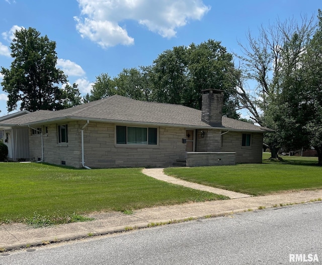 303 S College Blvd, Carmi, IL 62821 - single story home with stone siding, a front yard, a chimney, and a shingled roof