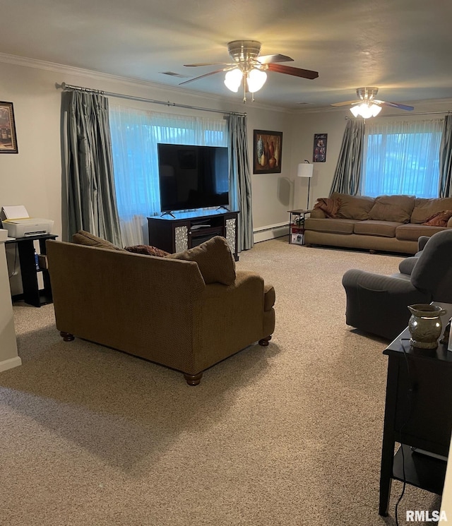 303 S College Blvd, Carmi, IL 62821 - living area with crown molding, carpet flooring, ceiling fan, and a baseboard radiator