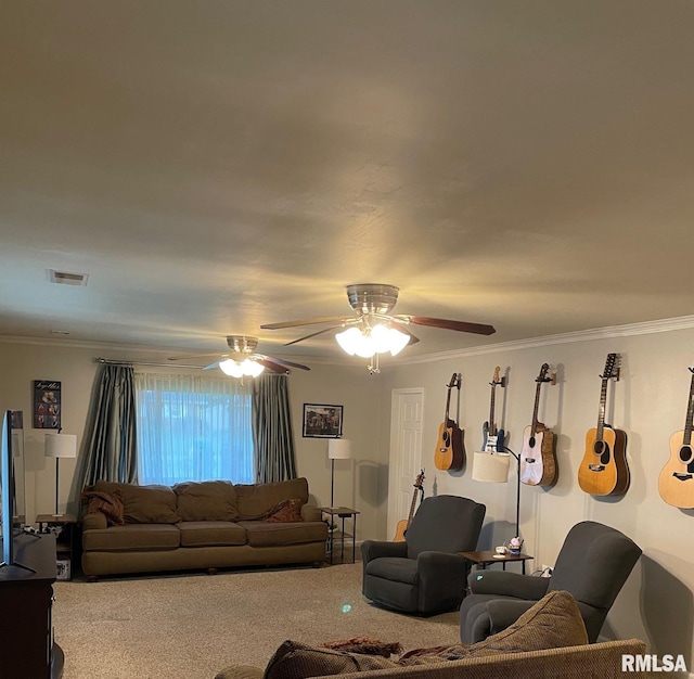 303 S College Blvd, Carmi, IL 62821 - carpeted living room featuring ceiling fan and ornamental molding