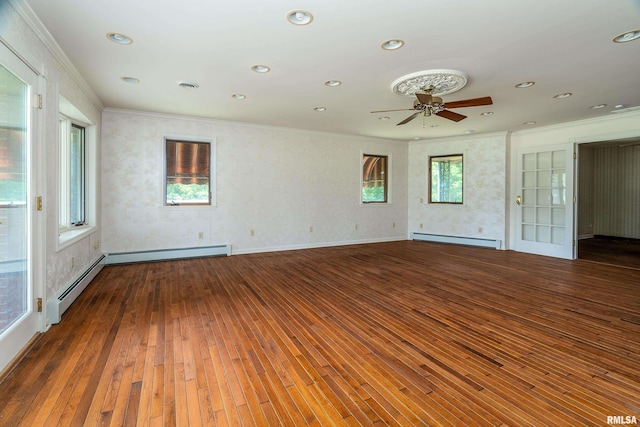 2723 Country Club Rd, Carbondale, IL 62901 - empty room featuring crown molding, hardwood / wood-style floors, a baseboard radiator, a ceiling fan, and recessed lighting