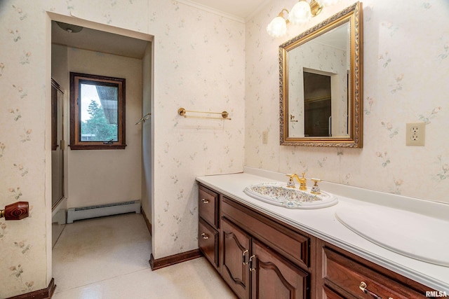 2723 Country Club Rd, Carbondale, IL 62901 - full bath with a baseboard heating unit, vanity, a shower with shower door, and crown molding