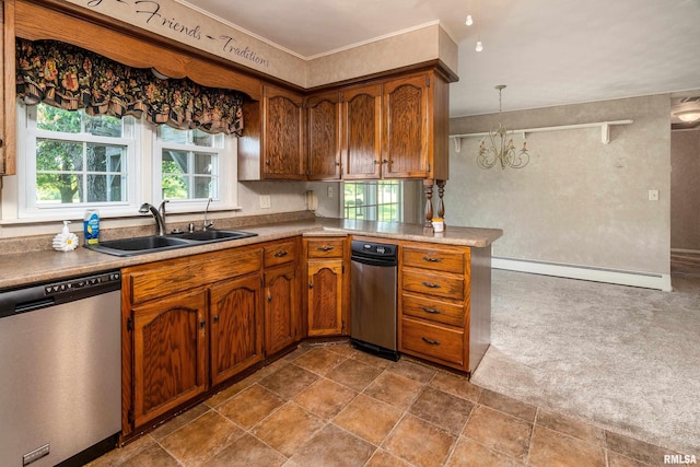 4341 Market Rd, Marion, IL 62959 - kitchen featuring dishwasher, a baseboard radiator, a chandelier, brown cabinets, and a peninsula