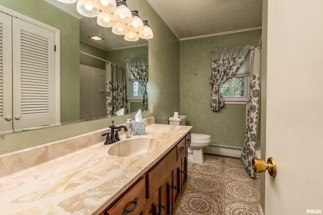 4341 Market Rd, Marion, IL 62959 - full bath featuring baseboard heating, vanity, ornamental molding, curtained shower, and a chandelier